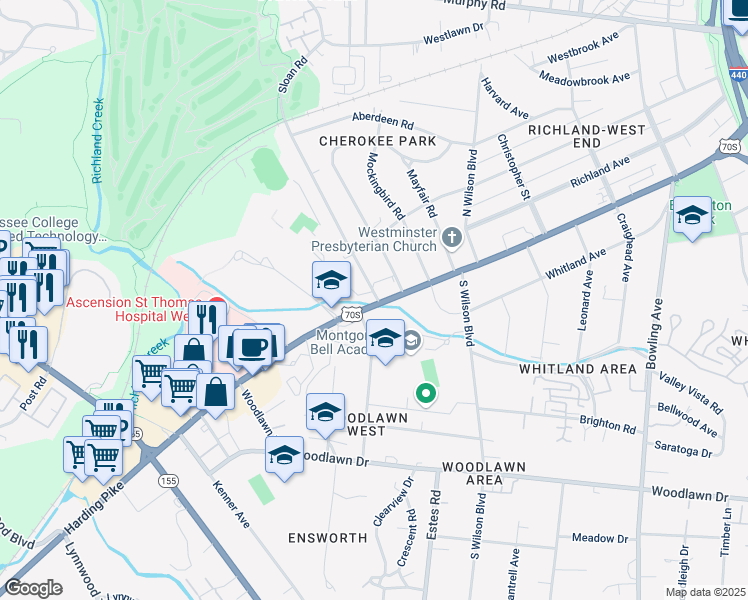 map of restaurants, bars, coffee shops, grocery stores, and more near 101 Cherokee Road in Nashville