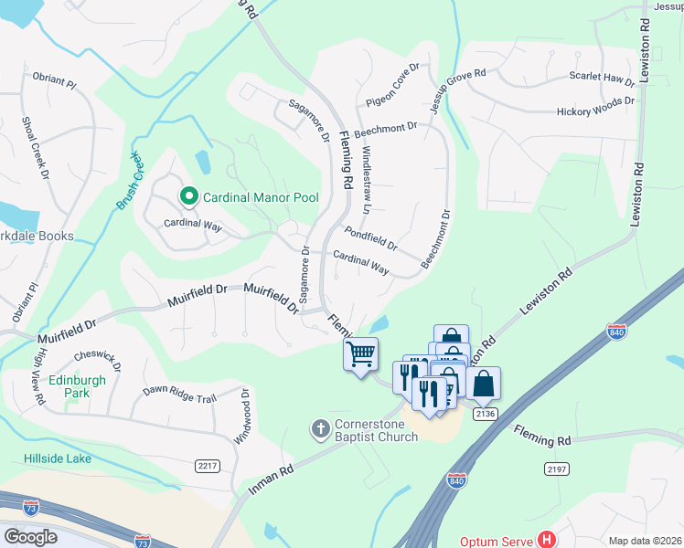 map of restaurants, bars, coffee shops, grocery stores, and more near 5615 Cardinal Way in Greensboro