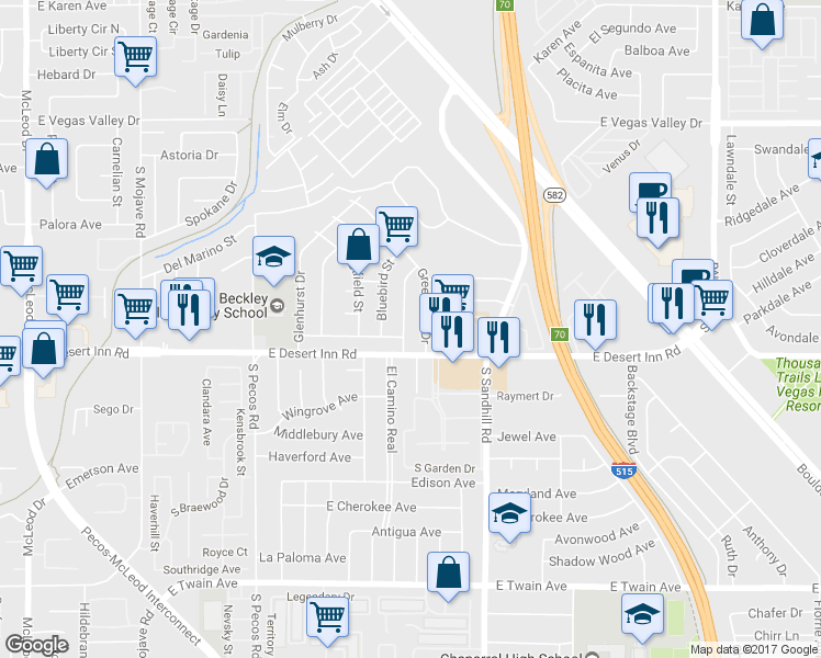 map of restaurants, bars, coffee shops, grocery stores, and more near 3256 Brentwood Street in Las Vegas