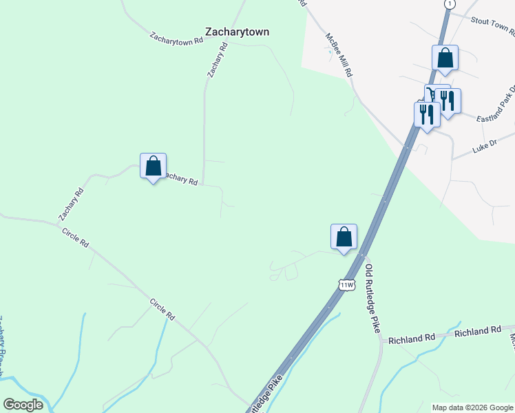 map of restaurants, bars, coffee shops, grocery stores, and more near 6104 Zachary Road in Corryton