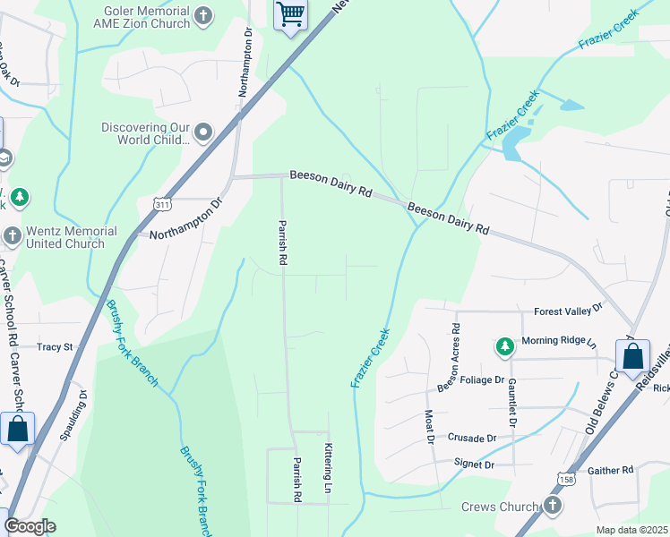 map of restaurants, bars, coffee shops, grocery stores, and more near 3627 San Carlos Road in Winston-Salem