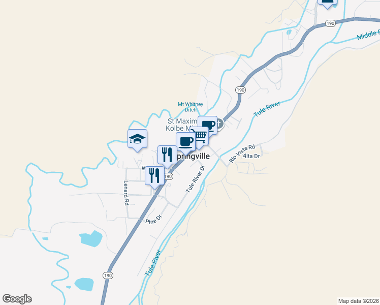 map of restaurants, bars, coffee shops, grocery stores, and more near California 190 & Tule River Drive in Springville