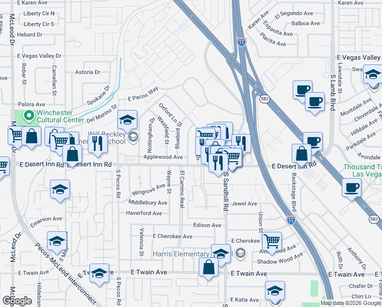 map of restaurants, bars, coffee shops, grocery stores, and more near 3256 Brentwood Street in Las Vegas