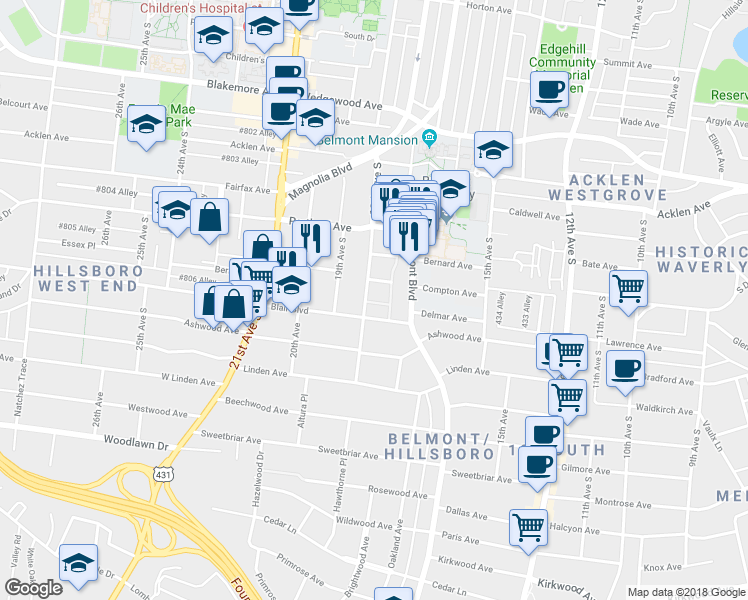 map of restaurants, bars, coffee shops, grocery stores, and more near 2208 18th Avenue South in Nashville