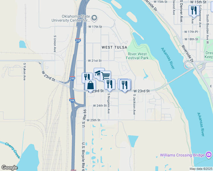 map of restaurants, bars, coffee shops, grocery stores, and more near 900 West 22nd Place in Tulsa