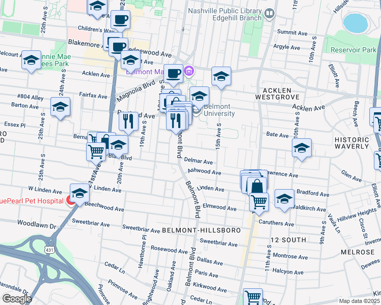 map of restaurants, bars, coffee shops, grocery stores, and more near 1525 Compton Avenue in Nashville