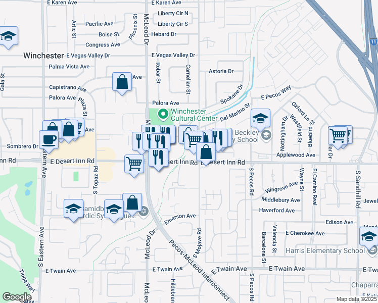 map of restaurants, bars, coffee shops, grocery stores, and more near 3160 East Desert Inn Road in Las Vegas