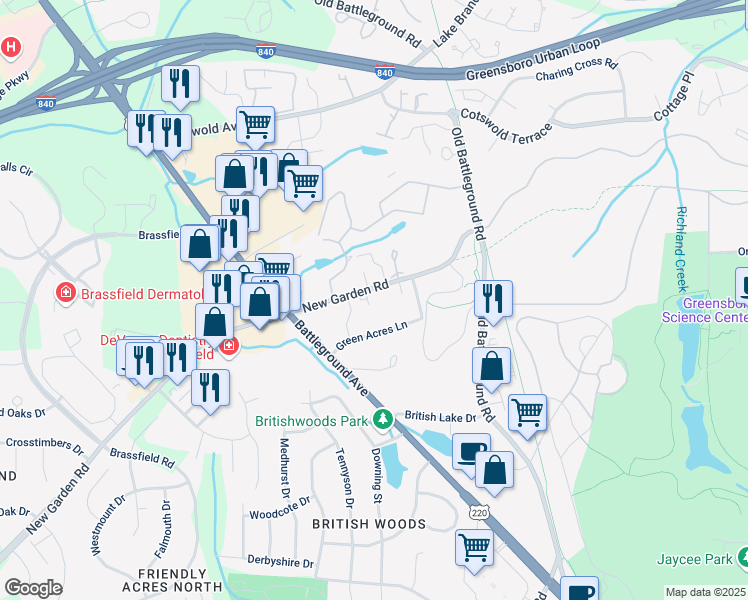 map of restaurants, bars, coffee shops, grocery stores, and more near 2210 New Garden Road in Greensboro