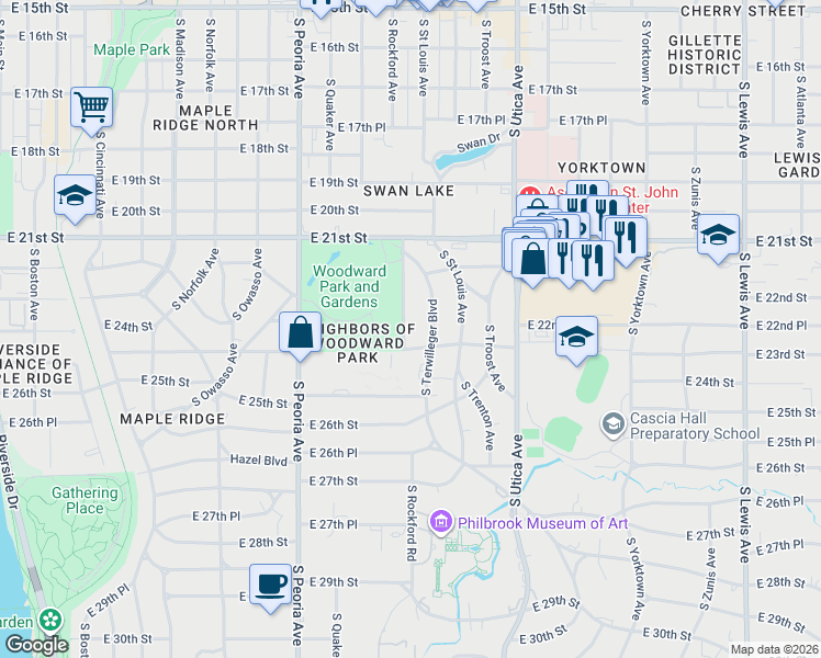 map of restaurants, bars, coffee shops, grocery stores, and more near 2267 South Rockford Avenue in Tulsa