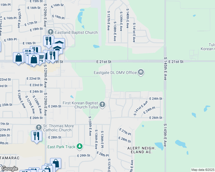 map of restaurants, bars, coffee shops, grocery stores, and more near 2302 South 137th East Avenue in Tulsa