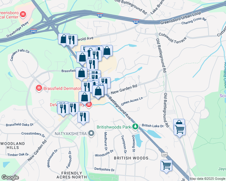 map of restaurants, bars, coffee shops, grocery stores, and more near 3700 Greenes Crossing in Greensboro