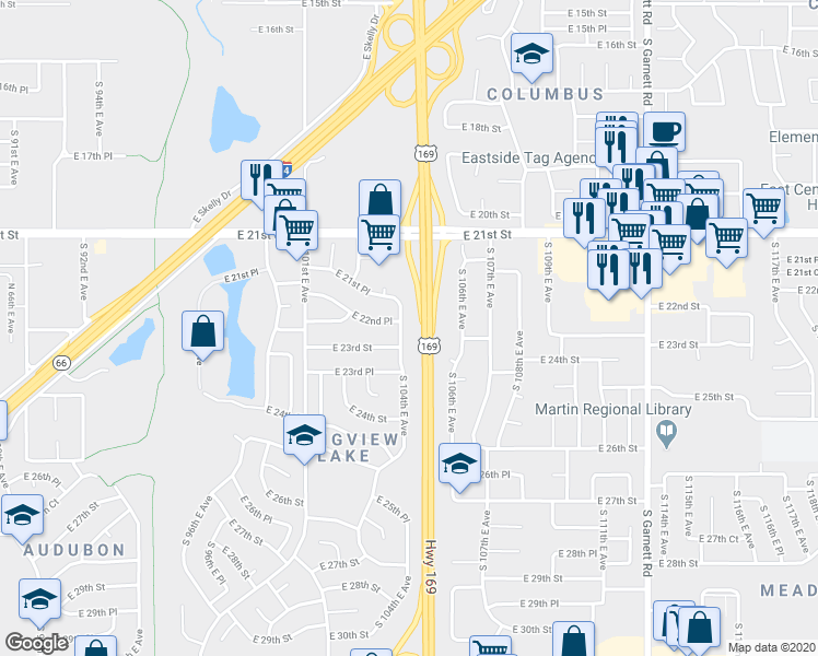 map of restaurants, bars, coffee shops, grocery stores, and more near 2207 South 104th East Avenue in Tulsa