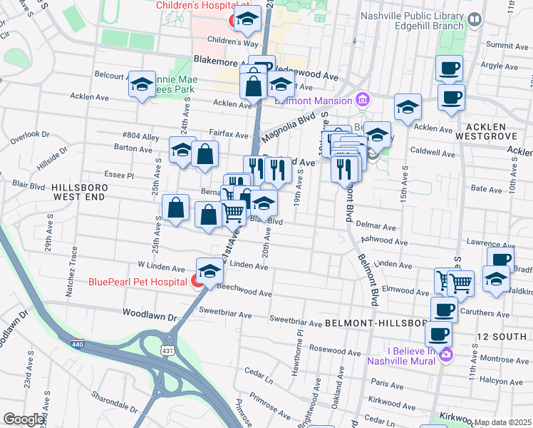map of restaurants, bars, coffee shops, grocery stores, and more near 2000 Blair Blvd in Nashville