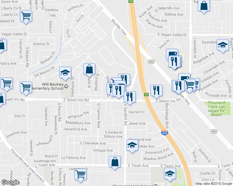 map of restaurants, bars, coffee shops, grocery stores, and more near 3736 East Desert Inn Road in Las Vegas