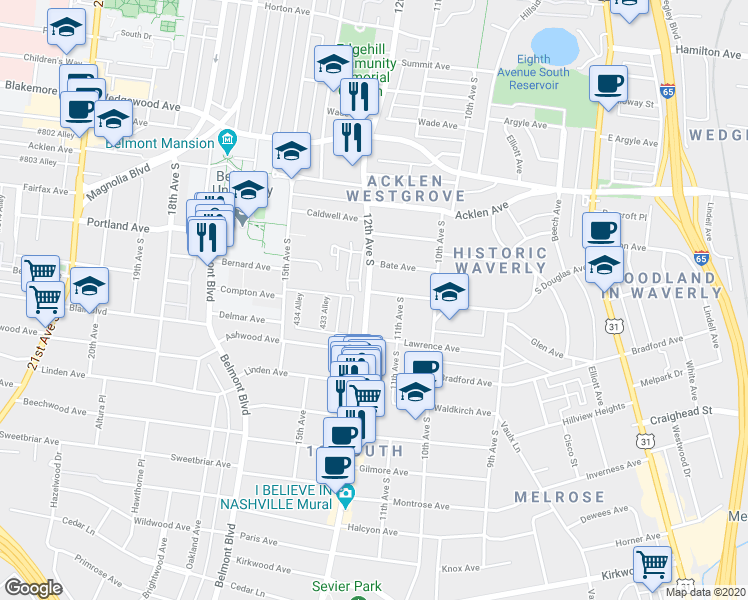 map of restaurants, bars, coffee shops, grocery stores, and more near 1111 South Douglas Avenue in Nashville