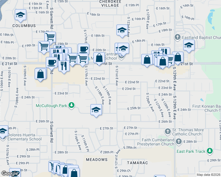 map of restaurants, bars, coffee shops, grocery stores, and more near 11911 E 23rd St in Tulsa