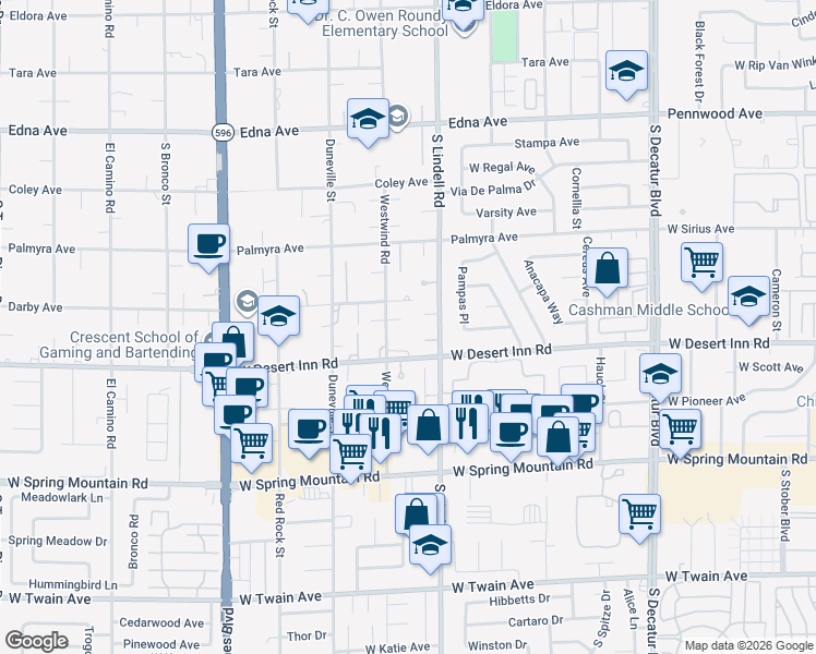 map of restaurants, bars, coffee shops, grocery stores, and more near 3260 Westwind Road in Las Vegas