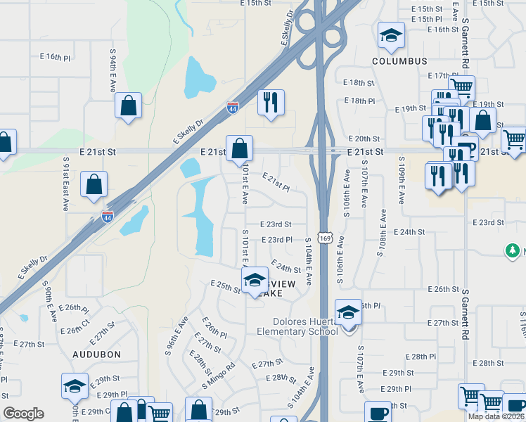 map of restaurants, bars, coffee shops, grocery stores, and more near 10124 East 22nd Place in Tulsa