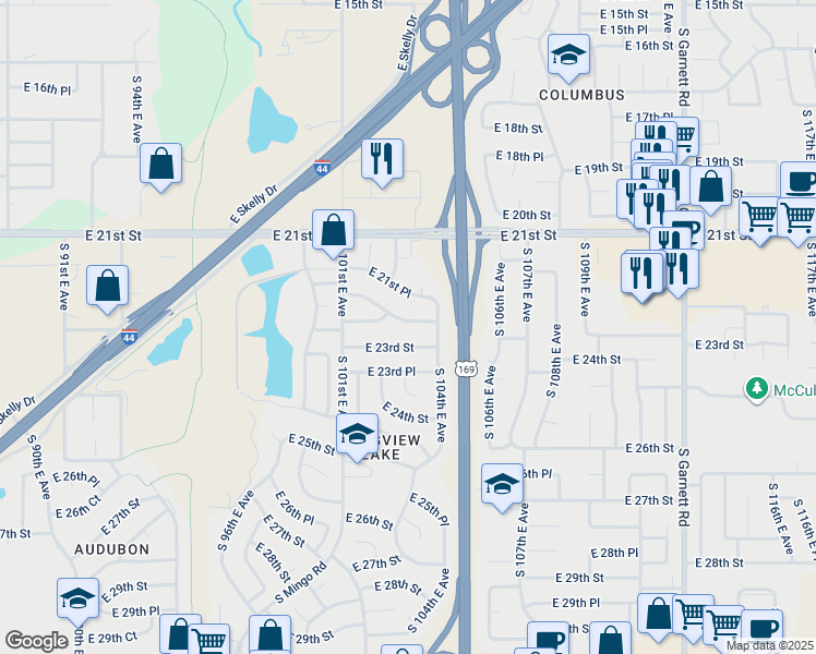map of restaurants, bars, coffee shops, grocery stores, and more near 10164 East 22nd Place in Tulsa