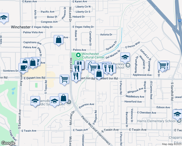 map of restaurants, bars, coffee shops, grocery stores, and more near 3160 East Desert Inn Road in Las Vegas