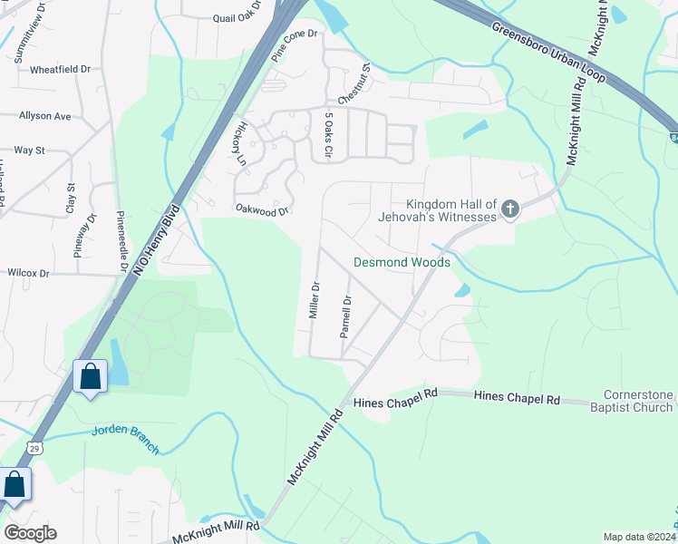 map of restaurants, bars, coffee shops, grocery stores, and more near 3625 Parnell Drive in Greensboro