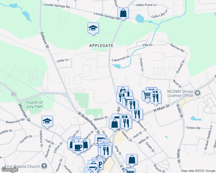 map of restaurants, bars, coffee shops, grocery stores, and more near 605 Piney Grove Road in Kernersville