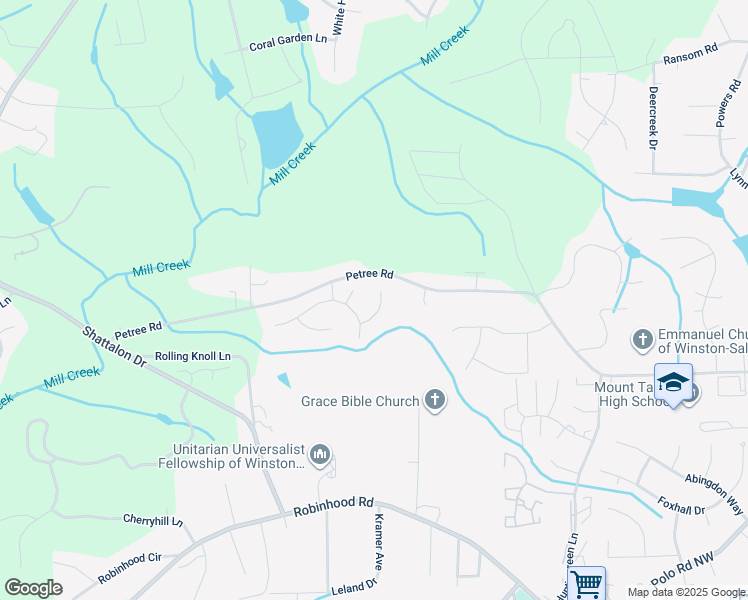 map of restaurants, bars, coffee shops, grocery stores, and more near 3613 Wickersham Lane in Winston-Salem