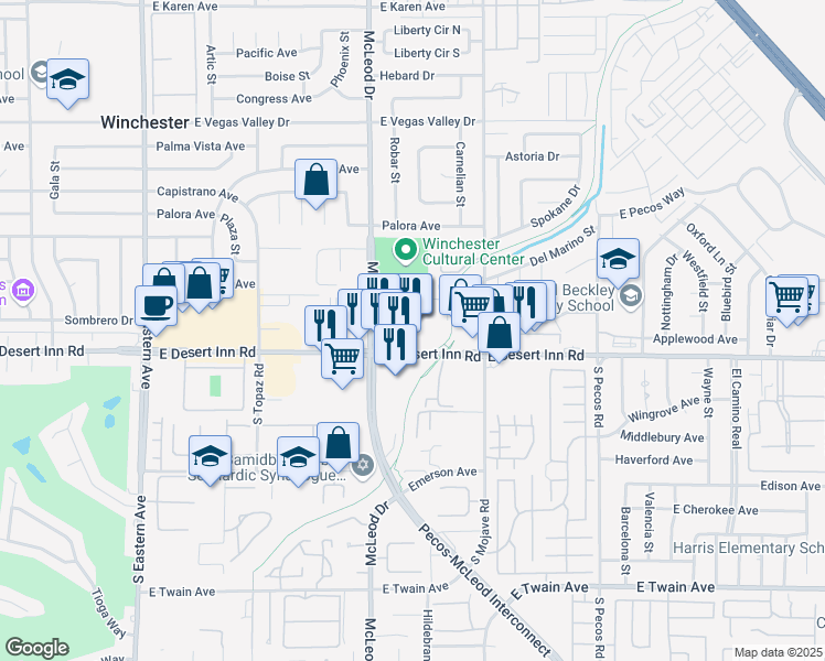 map of restaurants, bars, coffee shops, grocery stores, and more near 3050 East Desert Inn Road in Las Vegas