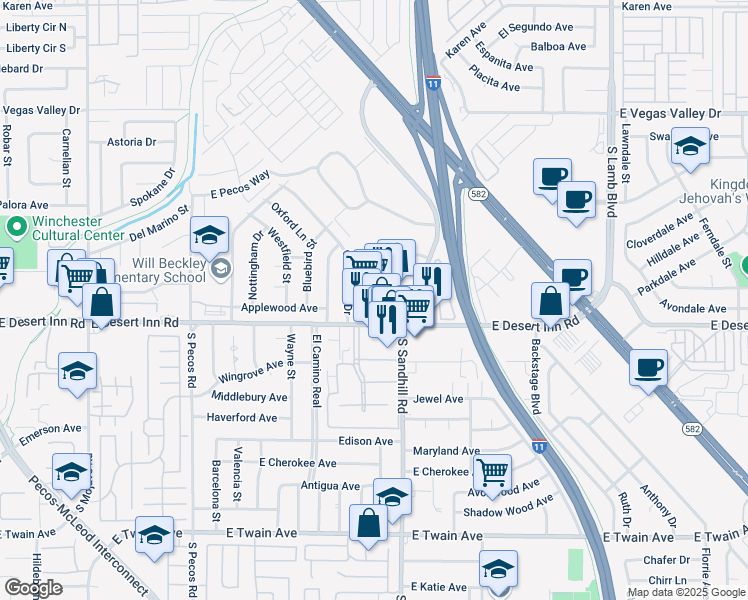 map of restaurants, bars, coffee shops, grocery stores, and more near 3736 East Desert Inn Road in Las Vegas