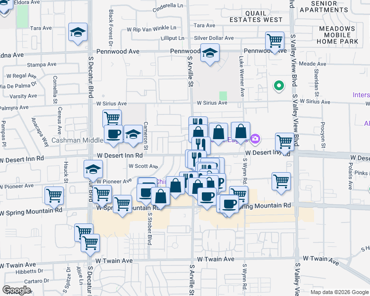 map of restaurants, bars, coffee shops, grocery stores, and more near 3264 Andrea Street in Las Vegas