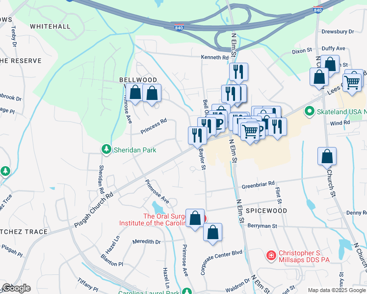 map of restaurants, bars, coffee shops, grocery stores, and more near 610 Pisgah Church Road in Greensboro