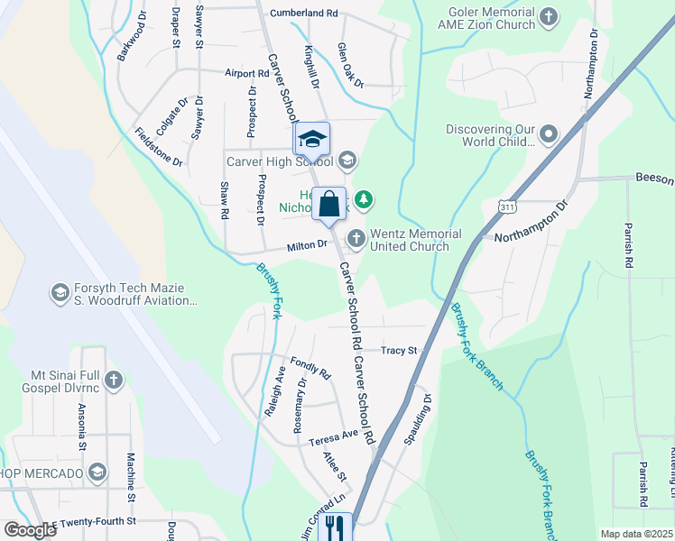 map of restaurants, bars, coffee shops, grocery stores, and more near 3424 Carver School Road in Winston-Salem