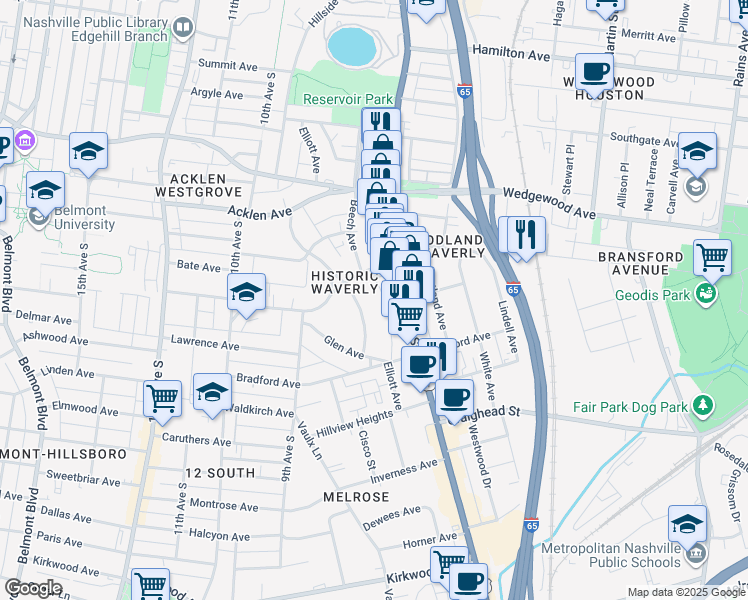 map of restaurants, bars, coffee shops, grocery stores, and more near 2114 Elliott Avenue in Nashville