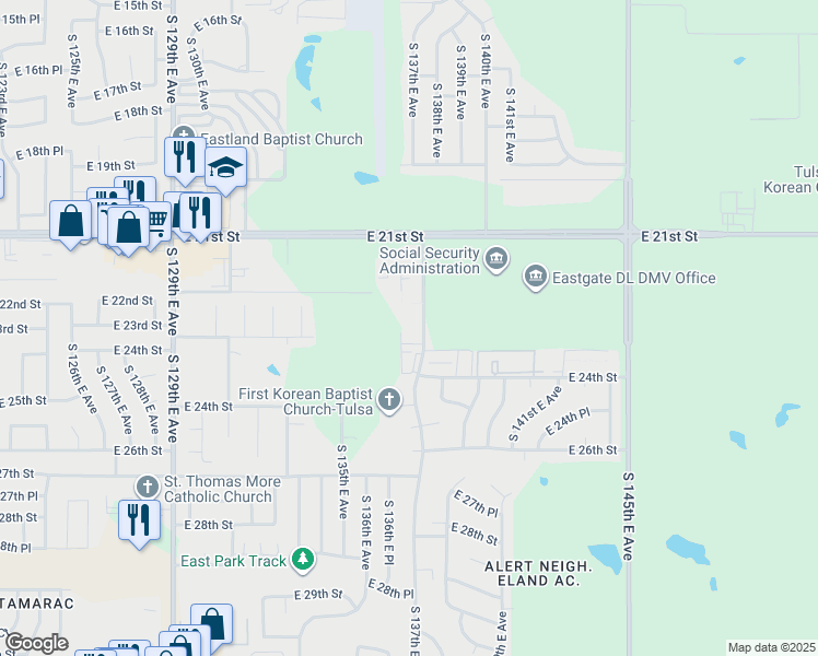 map of restaurants, bars, coffee shops, grocery stores, and more near 2302 South 137th East Avenue in Tulsa