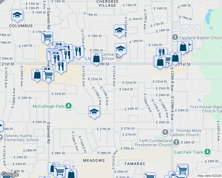 map of restaurants, bars, coffee shops, grocery stores, and more near 11911 East 23rd Street in Tulsa