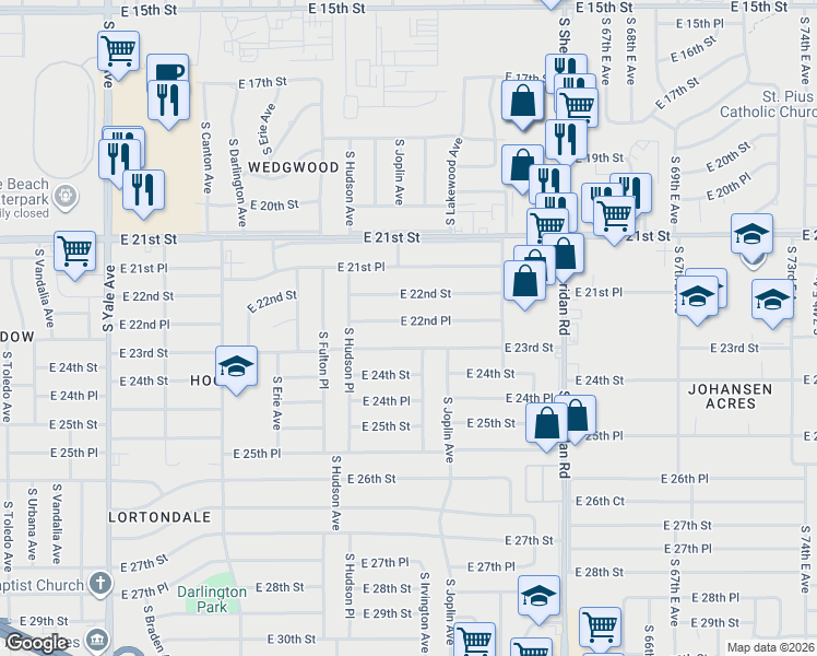 map of restaurants, bars, coffee shops, grocery stores, and more near 5824 East 22nd Place in Tulsa