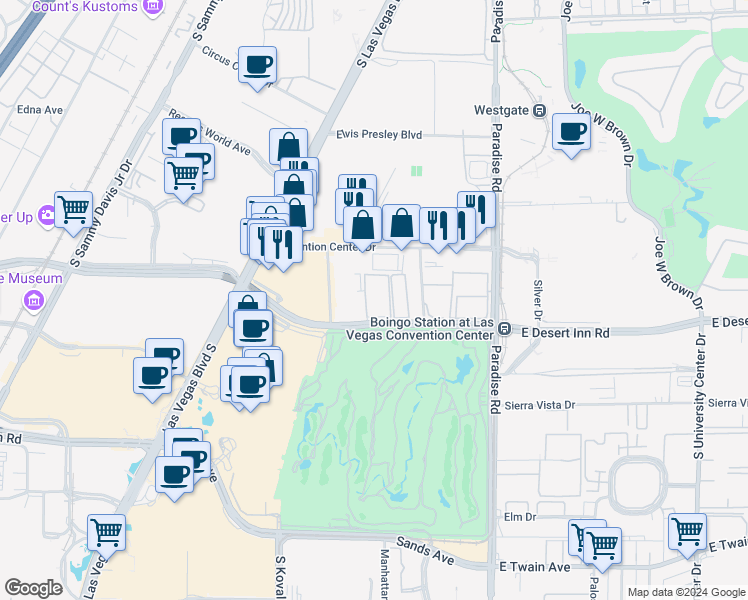 map of restaurants, bars, coffee shops, grocery stores, and more near 350 East Desert Inn Road in Las Vegas