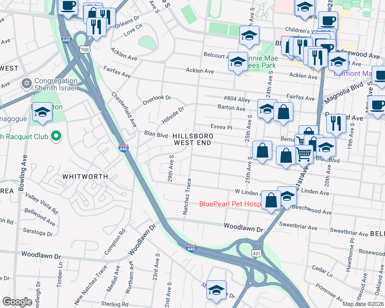 map of restaurants, bars, coffee shops, grocery stores, and more near 2803 Westmoreland Drive in Nashville
