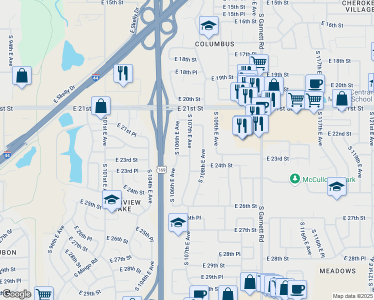 map of restaurants, bars, coffee shops, grocery stores, and more near 2250 South 107th East Avenue in Tulsa