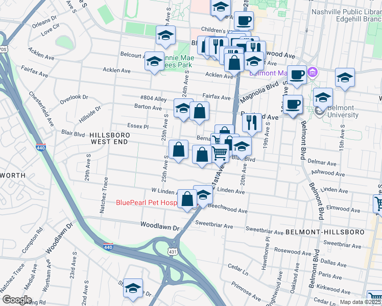 map of restaurants, bars, coffee shops, grocery stores, and more near 2133 Blair Boulevard in Nashville