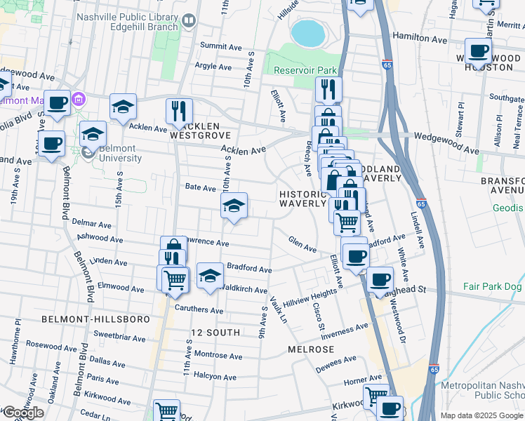 map of restaurants, bars, coffee shops, grocery stores, and more near 928 South Douglas Avenue in Nashville