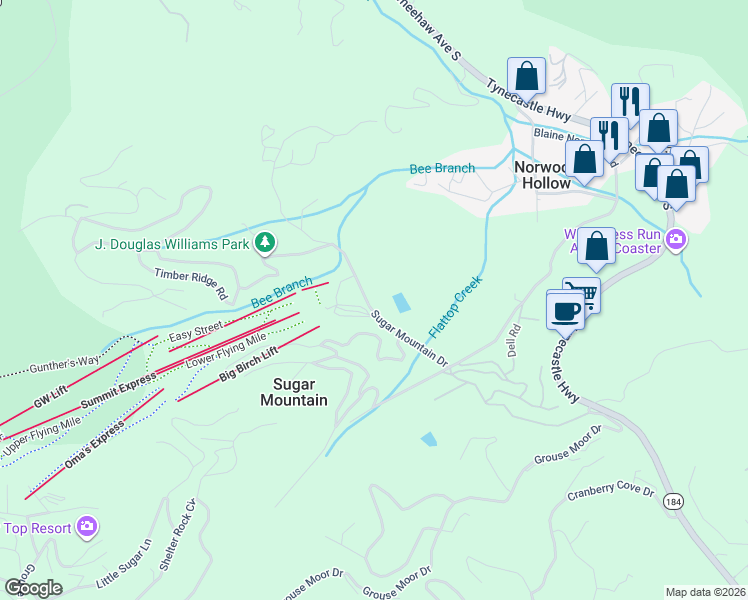 map of restaurants, bars, coffee shops, grocery stores, and more near 42 Sugar Mountain Drive in Sugar Mountain