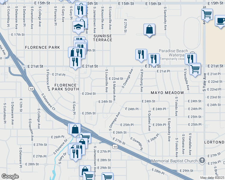 map of restaurants, bars, coffee shops, grocery stores, and more near 2236 South Marion Avenue in Tulsa