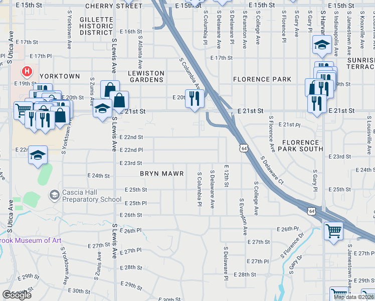map of restaurants, bars, coffee shops, grocery stores, and more near 2646 East 22nd Place in Tulsa