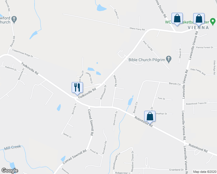 map of restaurants, bars, coffee shops, grocery stores, and more near 3581 Robinwest Drive in Pfafftown