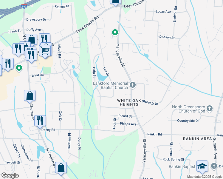 map of restaurants, bars, coffee shops, grocery stores, and more near 2717 Leo Drive in Greensboro