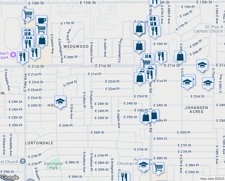 map of restaurants, bars, coffee shops, grocery stores, and more near 5824 East 22nd Place in Tulsa
