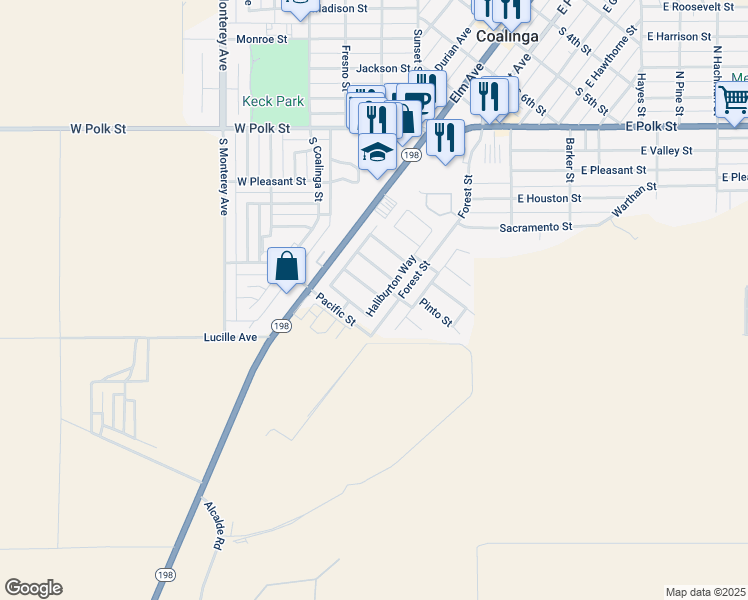 map of restaurants, bars, coffee shops, grocery stores, and more near 115 Cheney Lane in Coalinga