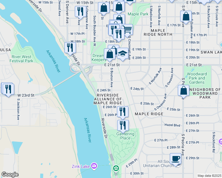 map of restaurants, bars, coffee shops, grocery stores, and more near 50 South Boston Avenue in Tulsa
