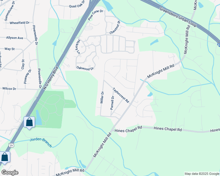 map of restaurants, bars, coffee shops, grocery stores, and more near 3625 Parnell Drive in Greensboro